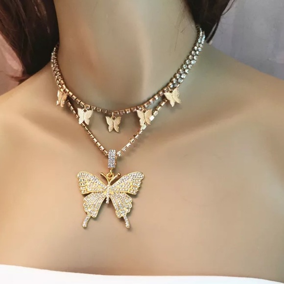 HP🦋STUNNING RHINESTONE BUTTERFLY GOLD CHOKER 2 PIECE SET - Picture 7 of 13